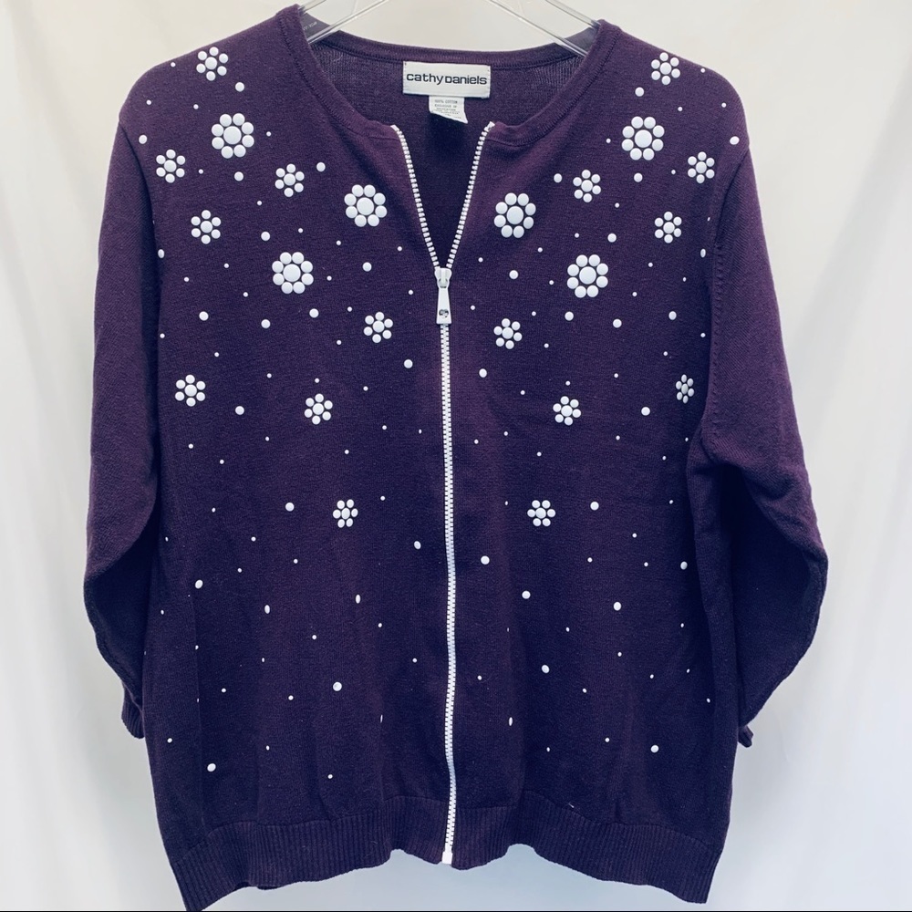 𝅺CATHY Daniels Zip Up Beaded Daisy Sweater Size XL